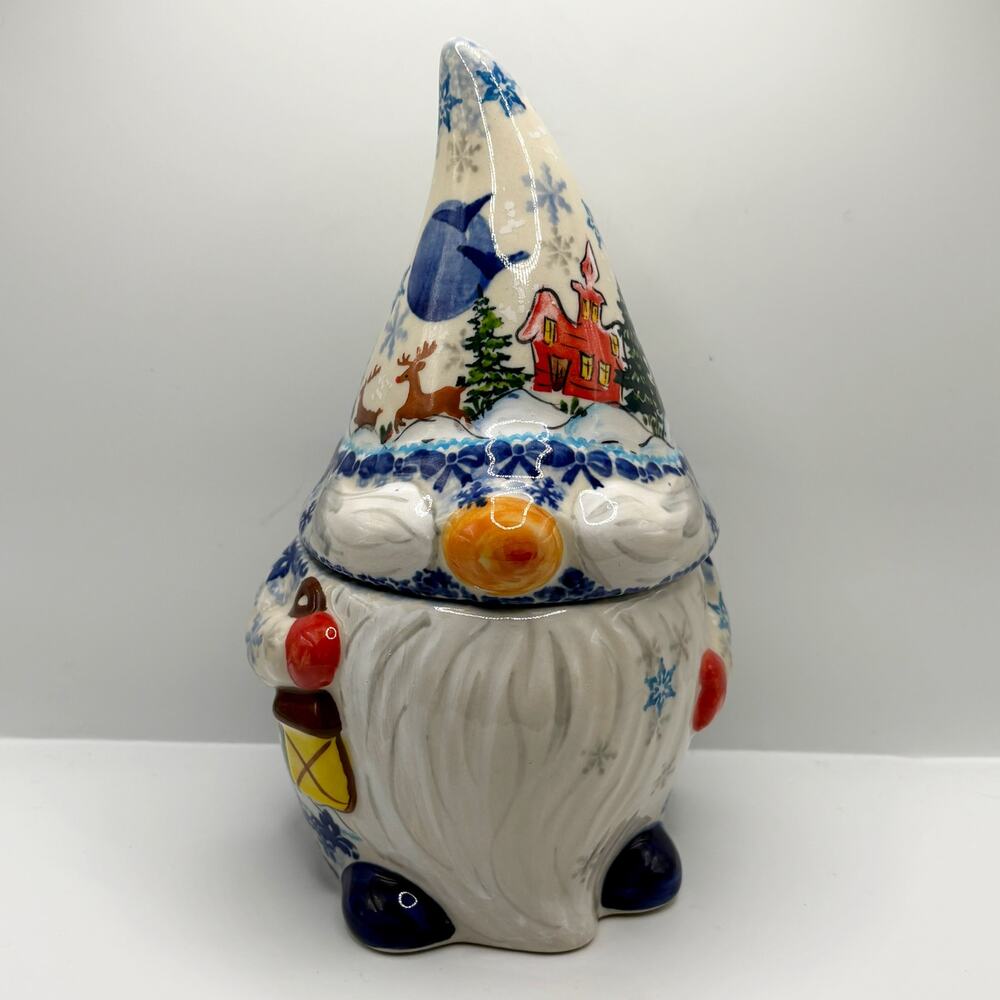 Small Gnome Christmas Cookie Jar Handmade Polish pottery UNIKAT Reindeer Bliss